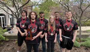 Left, Elijah Seevers, Elijah Lemanski, Liam Bird, April Reaper, Ezra Peterson, Hayden Wood stand together after getting runner up in State Tournament. (Photo Contributed)