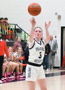 FINDING THE RANGE—Bailee Godsey of Prairie Heights connects on one of her six, three-point baskets against West Noble last Tuesday. Godsey finished with a team-high 21 points, but it wasn’t enough to keep the Lady Panthers from falling, 58-53 in overtime to their NECC rival. (Standard-News Photo by Jeff Miller)